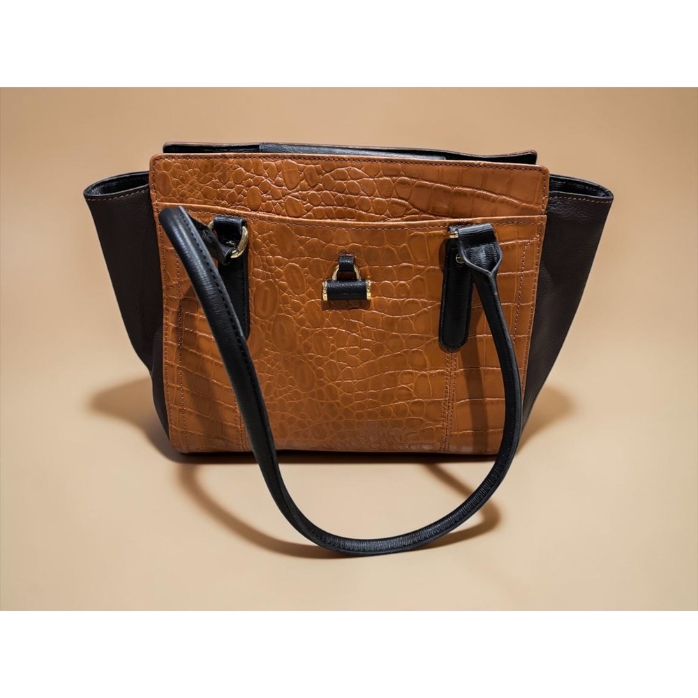 Tignanello Genuine Leather Croc Embossed Satchel Tote Cognac Brown Shoulder EUC